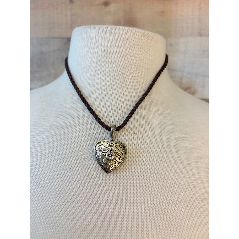 Cookie Lee Silver Tone Filigree Heart Locket Brown Cord Necklace Adjustable